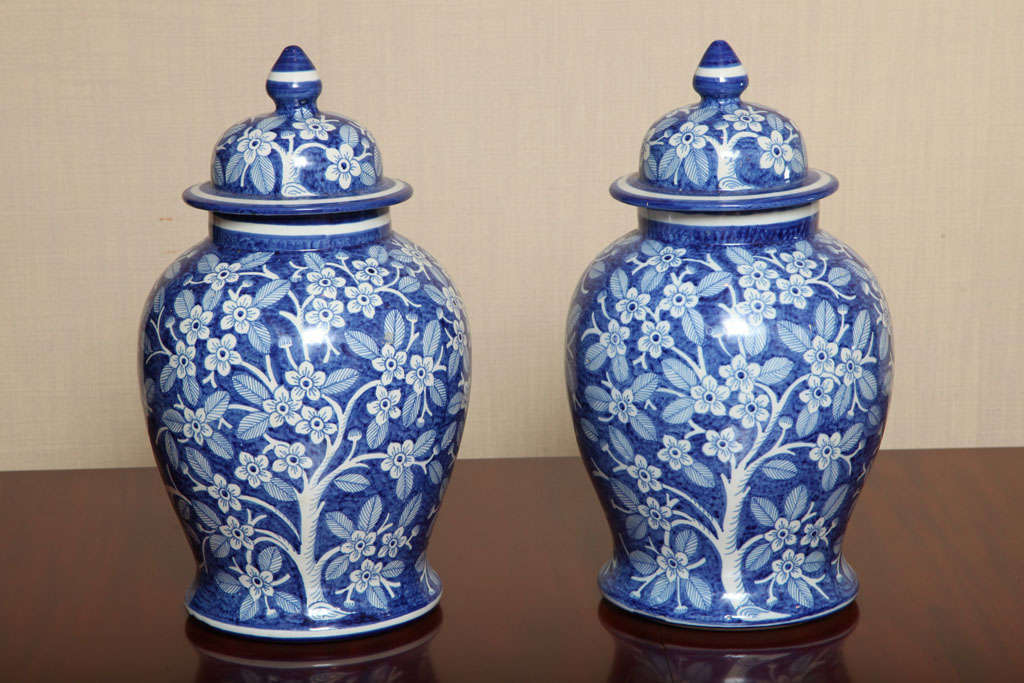 Pair of Generous Size Decorative Hand Painted Blue & White Portugal Pots with Floral Motif and Removable Lids.
