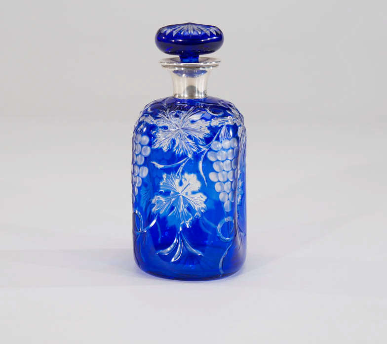 Crystal Stevens And Williams Cobalt Overlay Decanter with S/S Mount For Sale