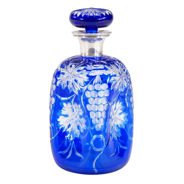 Stevens And Williams Cobalt Overlay Decanter with S/S Mount For Sale