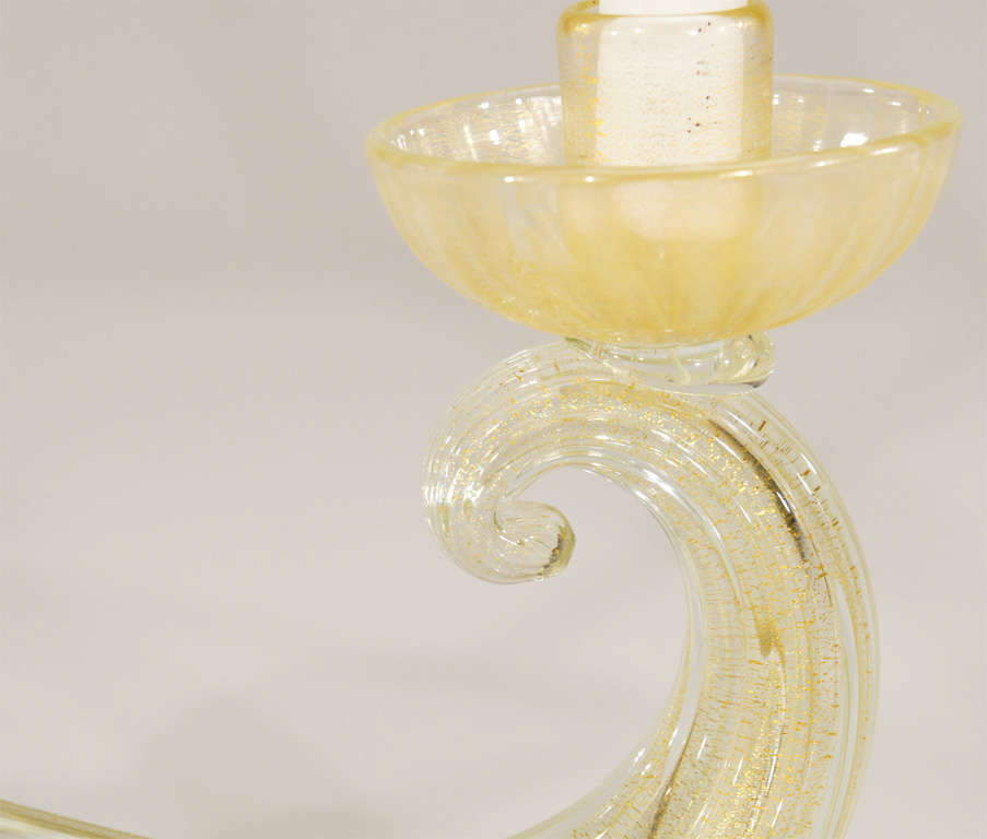 Italian Pair of Large Barovier Gold Leaf Cornucopia Double Candlesticks For Sale