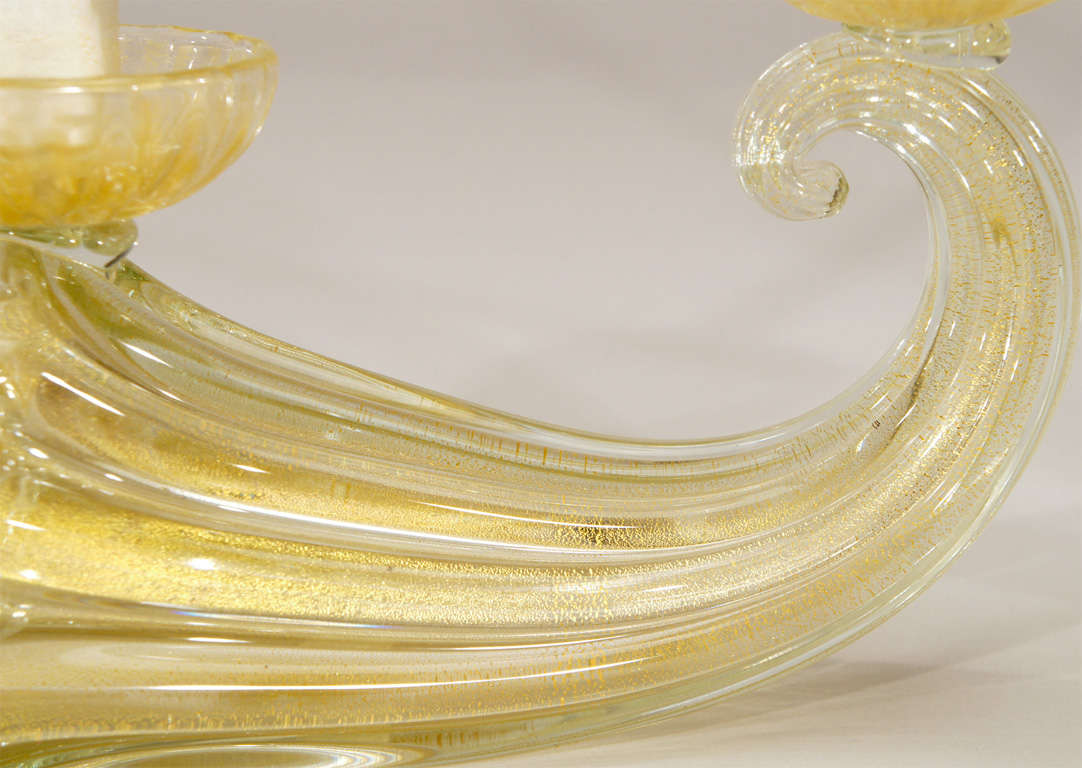 Pair of Large Barovier Gold Leaf Cornucopia Double Candlesticks In Excellent Condition For Sale In Great Barrington, MA