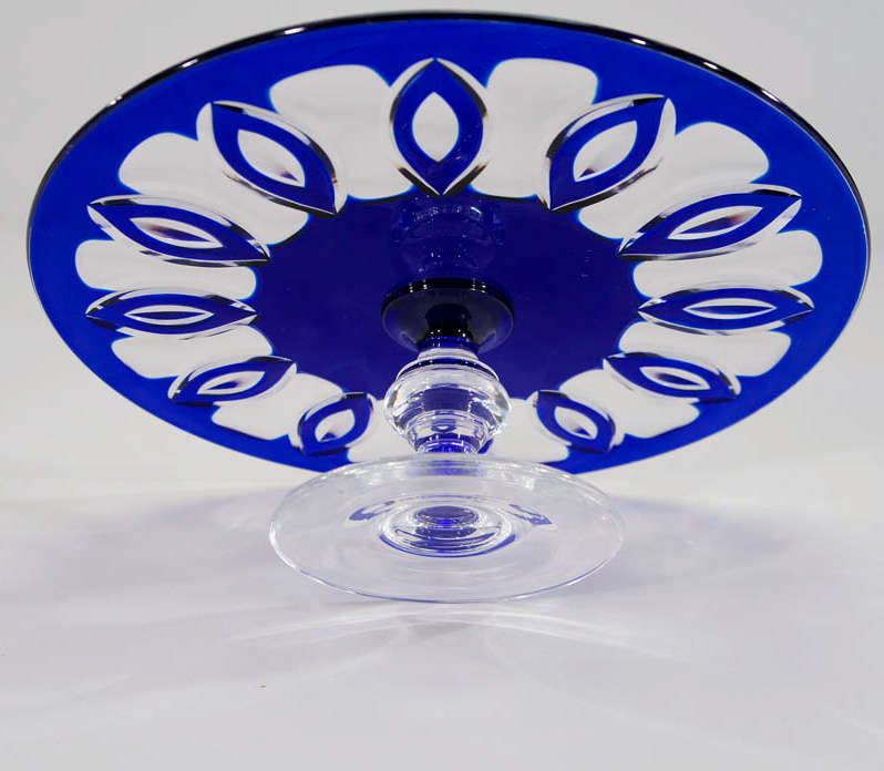 Val St. Lambert Cobalt Cut to Clear Footed Cake Stand 1