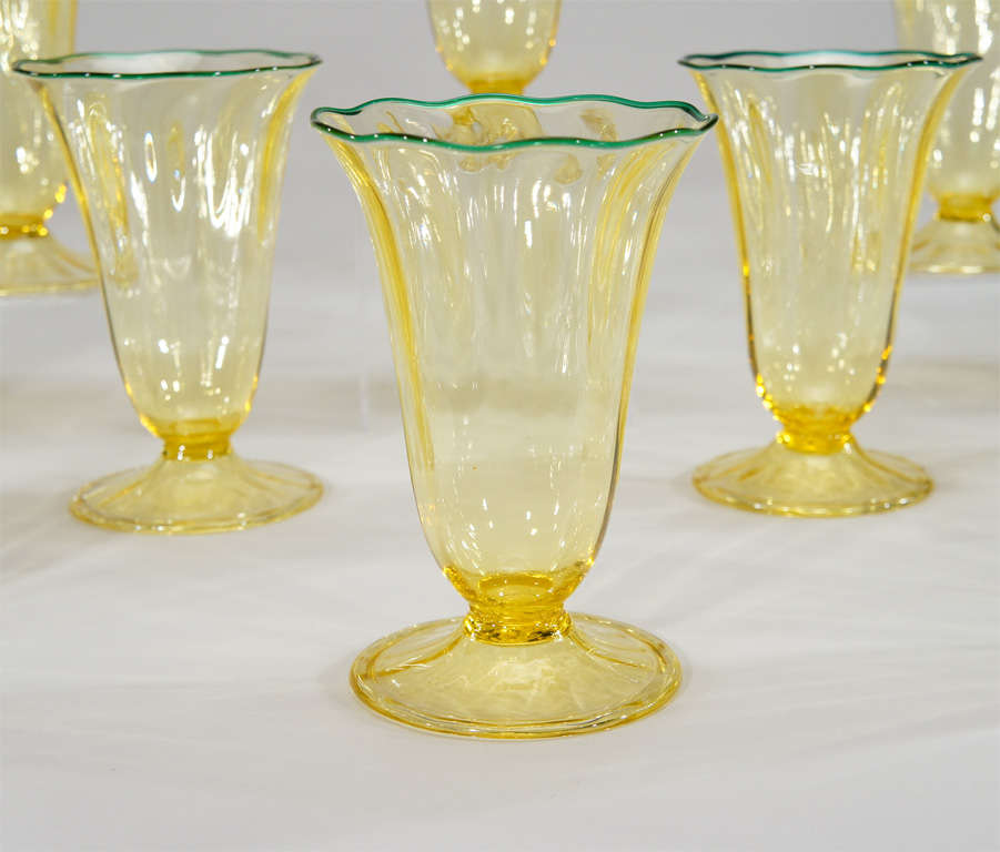 20th Century Rare Set of 12 Durand Hand Blown Optic Rib Tumblers W/ Applied Green Rims