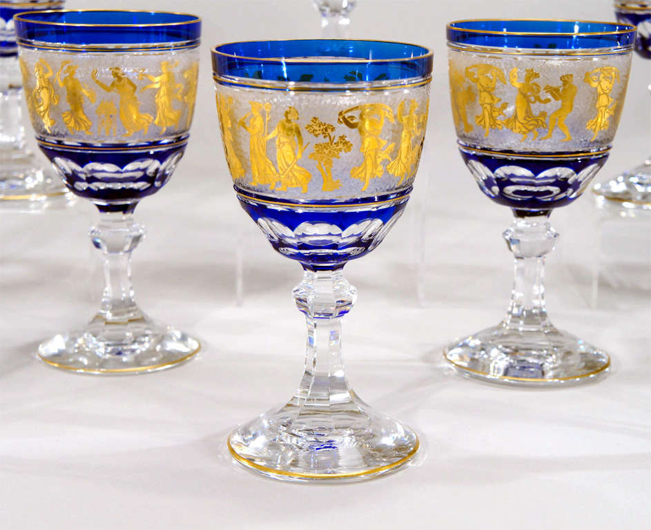 Belgian Set of 12 Val St. Lambert Cobalt Overlay Cameo Gilded Goblets For Sale