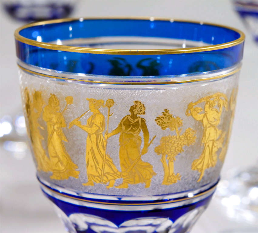 Mid-20th Century Set of 12 Val St. Lambert Cobalt Overlay Cameo Gilded Goblets For Sale