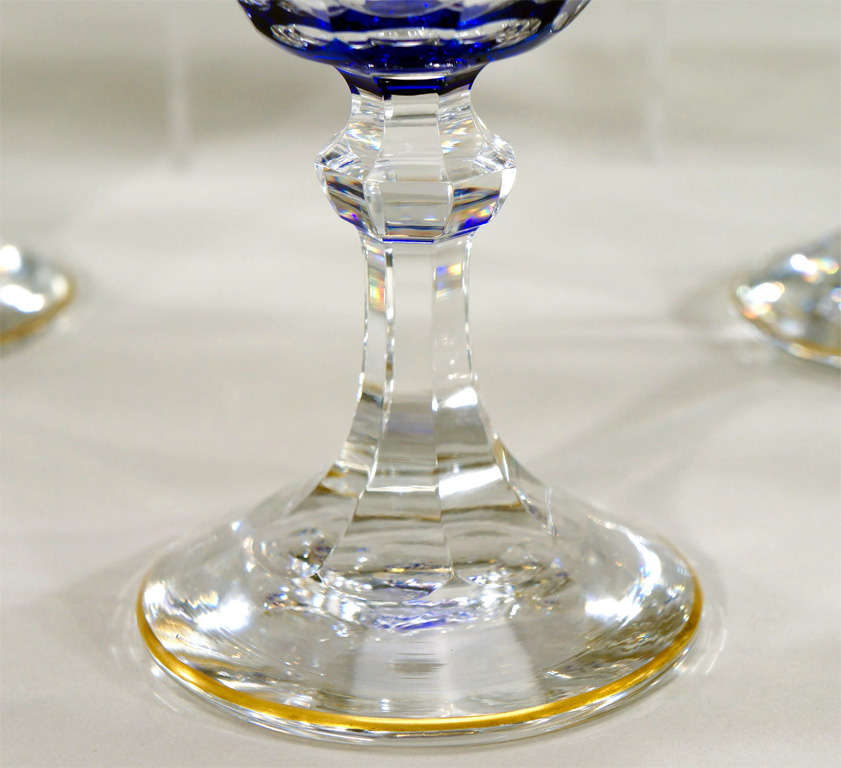 Crystal Set of 12 Val St. Lambert Cobalt Overlay Cameo Gilded Goblets For Sale