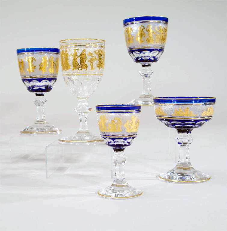 Set of 12 Val St. Lambert Cobalt Overlay Cameo Gilded Goblets For Sale 2