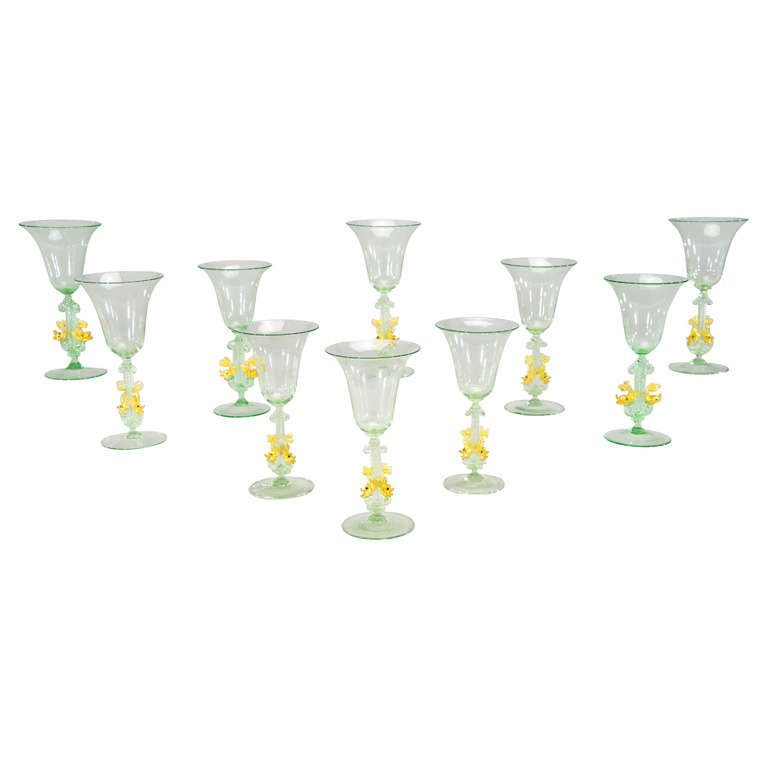 10 Salviati Hand Blown Green Goblets with Applied Dolphins
