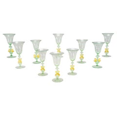 Vintage 10 Salviati Hand Blown Green Goblets with Applied Dolphins