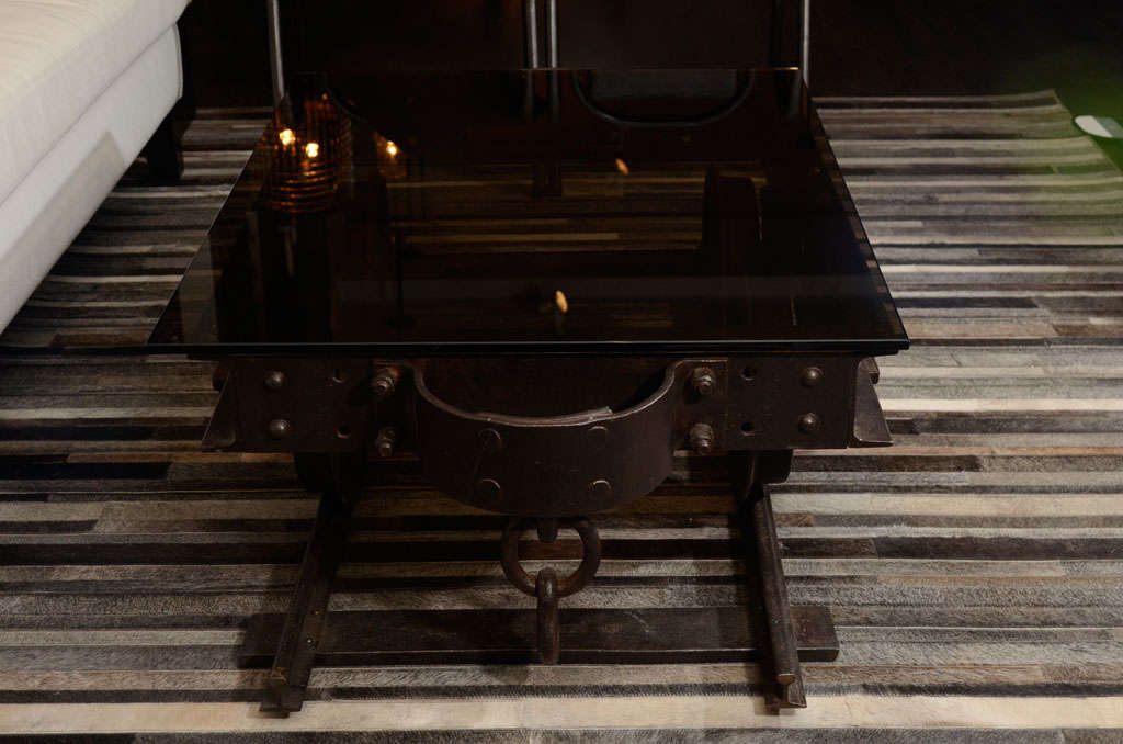 Railroad Cart Cocktail Table With Amber Glass Top 1