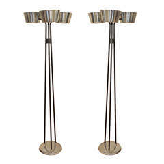 Pair of three light chrome and iron floor lamps by Lightolier