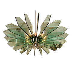 Nickel ceiling fixture featuring green glass shades by Stilnovo