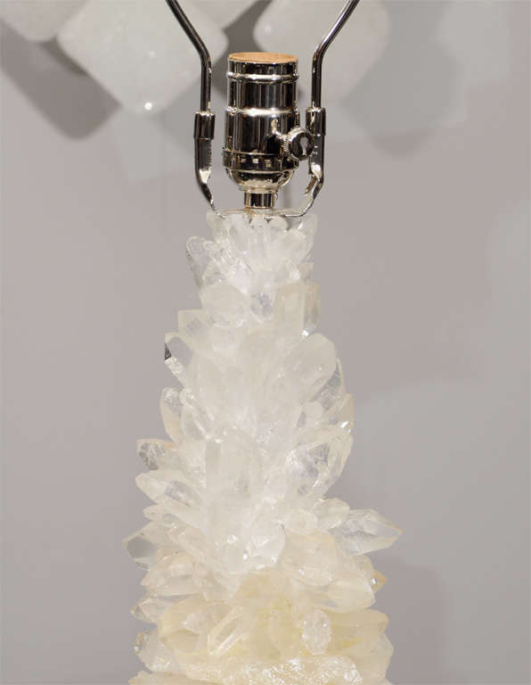 Contemporary Pair of Custom Ivory Quartz Crystal Lamps with Ebony Bases