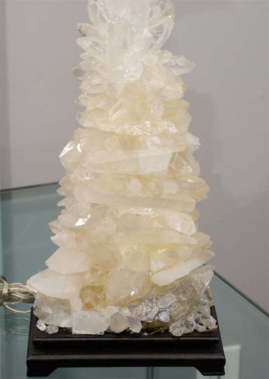 Rock Crystal Pair of Custom Ivory Quartz Crystal Lamps with Ebony Bases