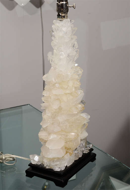 Modern Pair of Custom Ivory Quartz Crystal Lamps with Ebony Bases