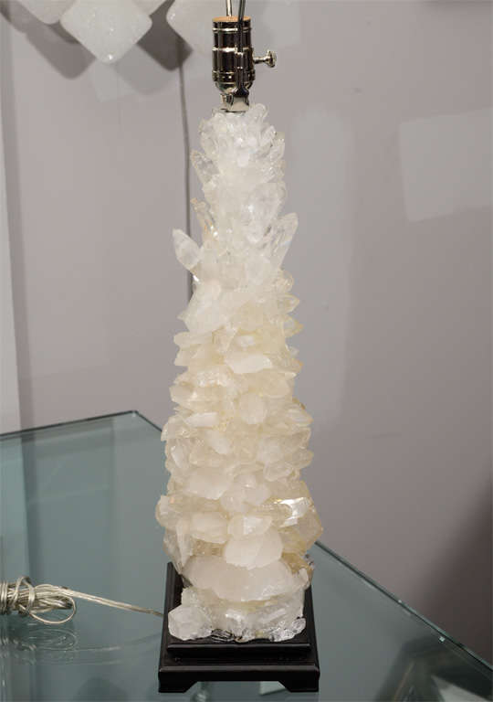 American Pair of Custom Ivory Quartz Crystal Lamps with Ebony Bases