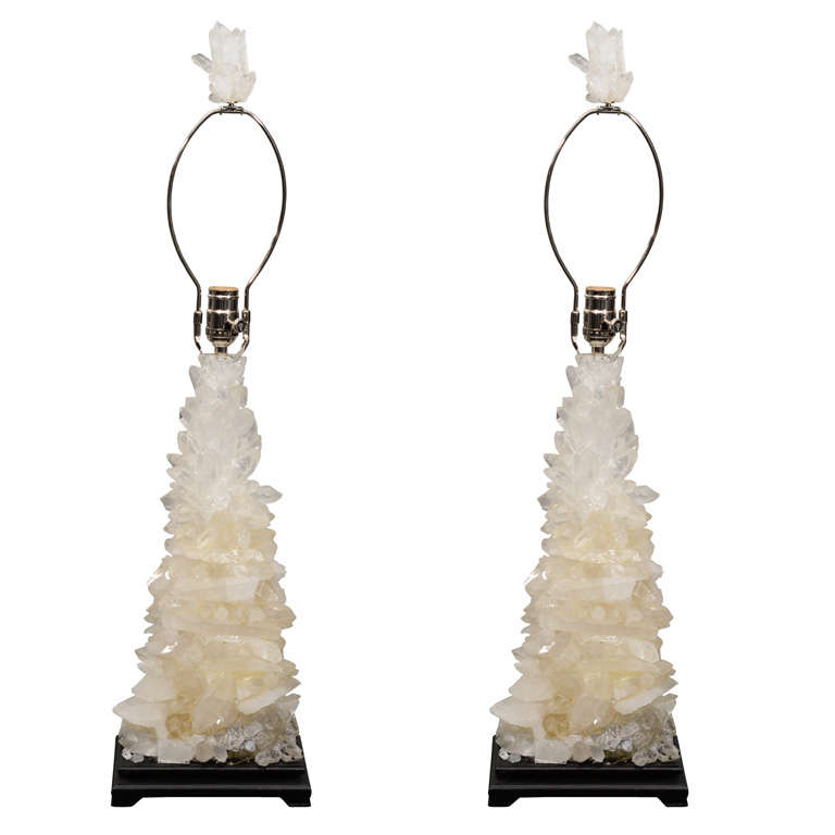 Pair of Custom Ivory Quartz Crystal Lamps with Ebony Bases
