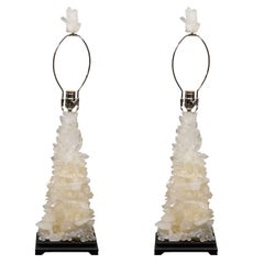 Pair of Custom Ivory Quartz Crystal Lamps with Ebony Bases