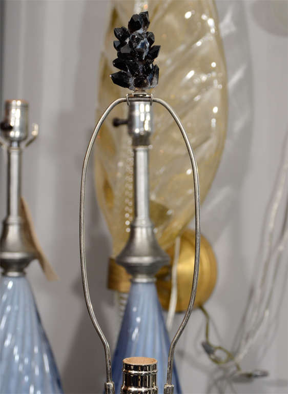 Modern Pair of Custom Black Quartz Crystal Lamps with Lucite Bases