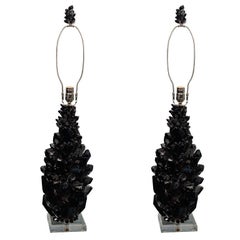 Pair of Custom Black Quartz Crystal Lamps with Lucite Bases