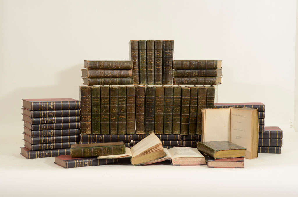 Collection of 60+ Volumes of the Waverly Novels by Sir Walter Scott, Some Quarter-Bound in Leather, Blocked in Gold with Hand-Marbled Paper Sides and Others Bound in Buckram. Lavishly Illustrated.  Fisher, Son, & Co. London, 1836