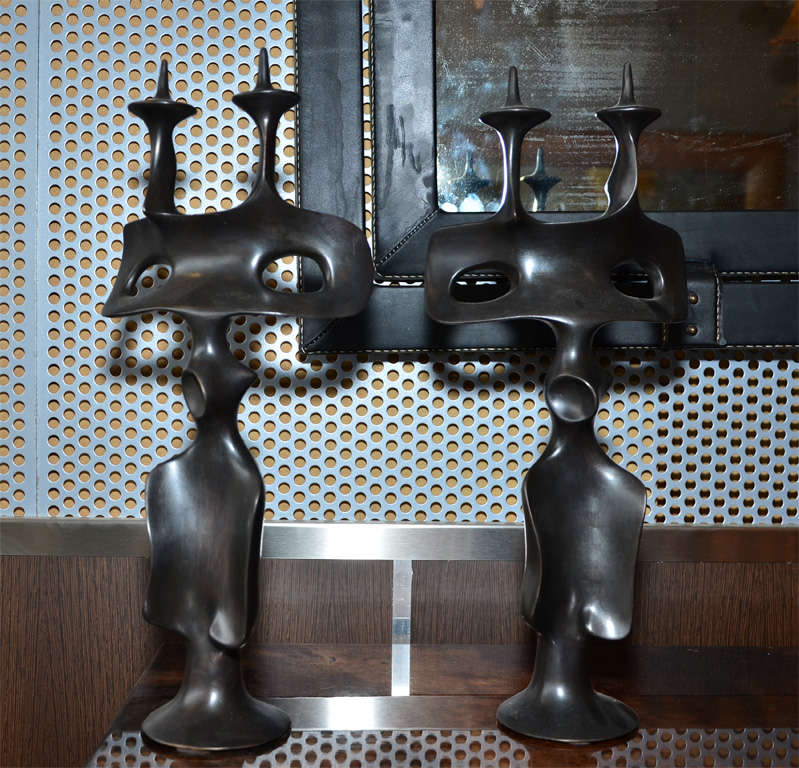 Late 20th Century Pair of Candle Sticks in Patinated Bronze by Victor Roman For Sale