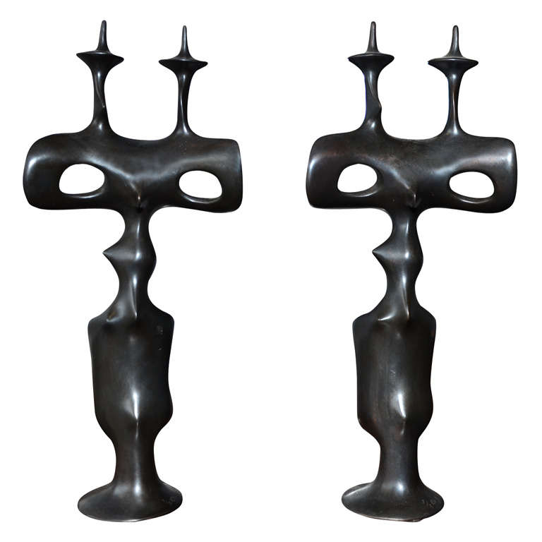 Pair of Candle Sticks in Patinated Bronze by Victor Roman For Sale