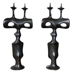 Retro Pair of Candle Sticks in Patinated Bronze by Victor Roman