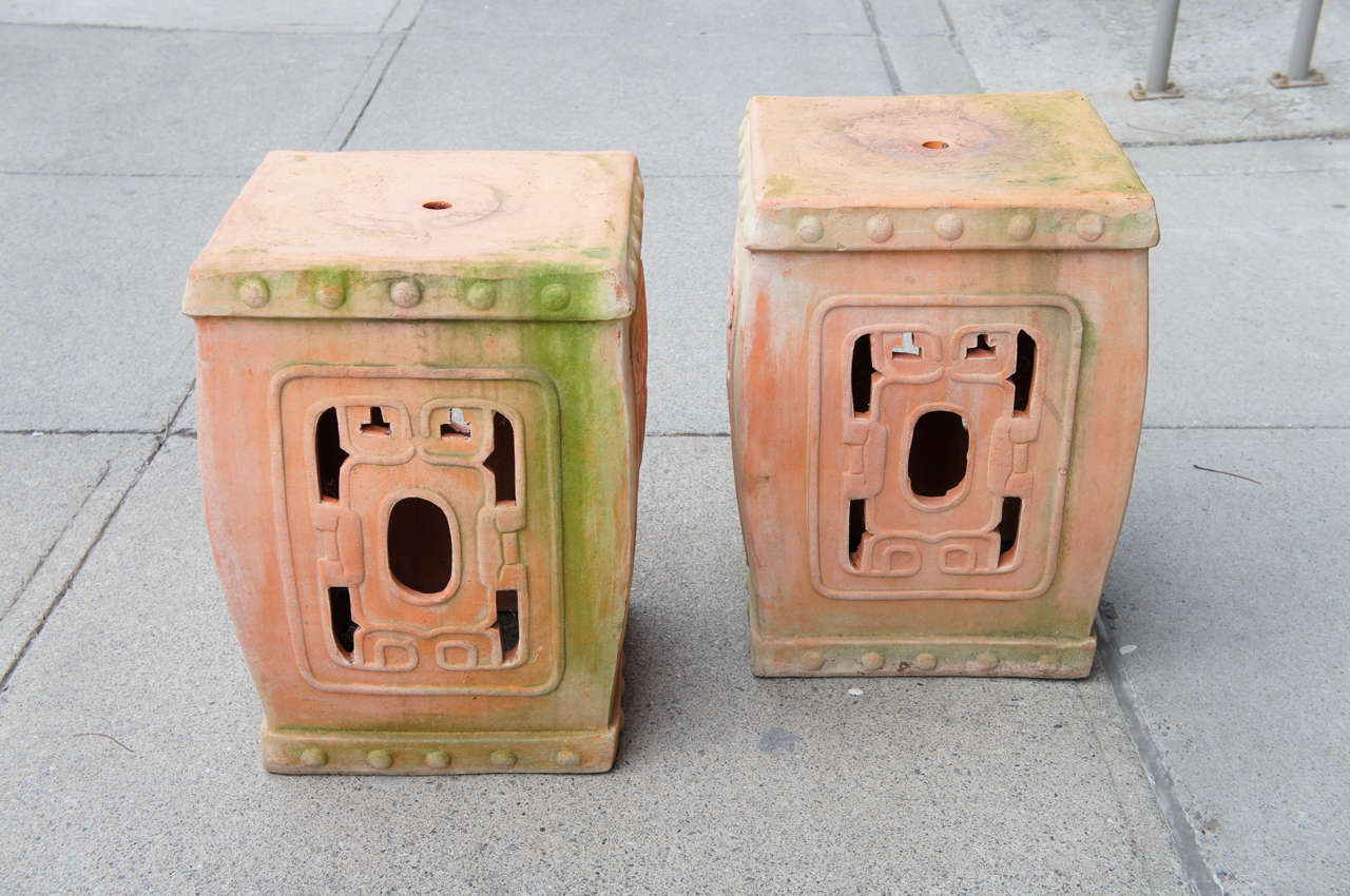 A Pair of Chinese Vintage Terra Cotta Garden Seats In Excellent Condition In Hudson, NY