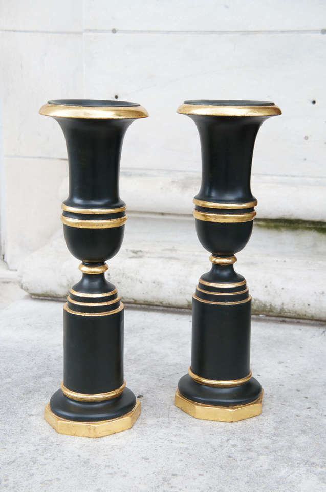 French Pair of Empire Style Carved, Painted and Gilded Wooden Urns For Sale