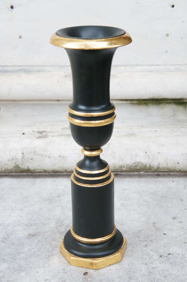 Turned Pair of Empire Style Carved, Painted and Gilded Wooden Urns For Sale
