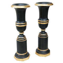 A Pair of Empire Style Carved, Painted and Gilded Wooden Urns 7
