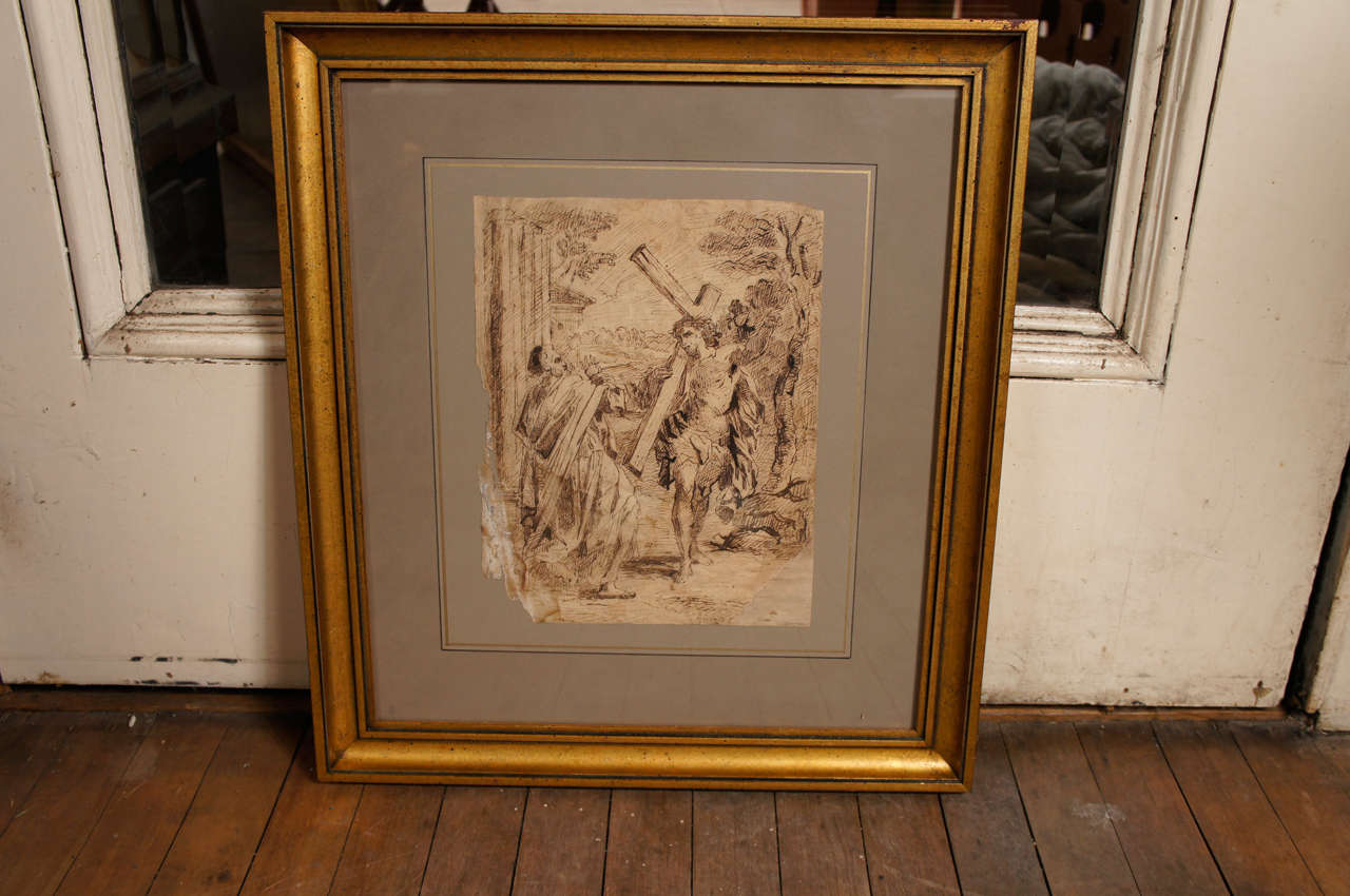 This lovely baroque ink drawing of Christ with the cross comes from a fine collection of drawings we have been honored to represent.  It is a study taken from the early 17th-century painting 
