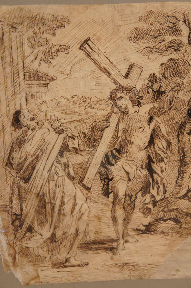 Baroque 17th Century Spanish Ink Drawing of Christ Carrying The Cross