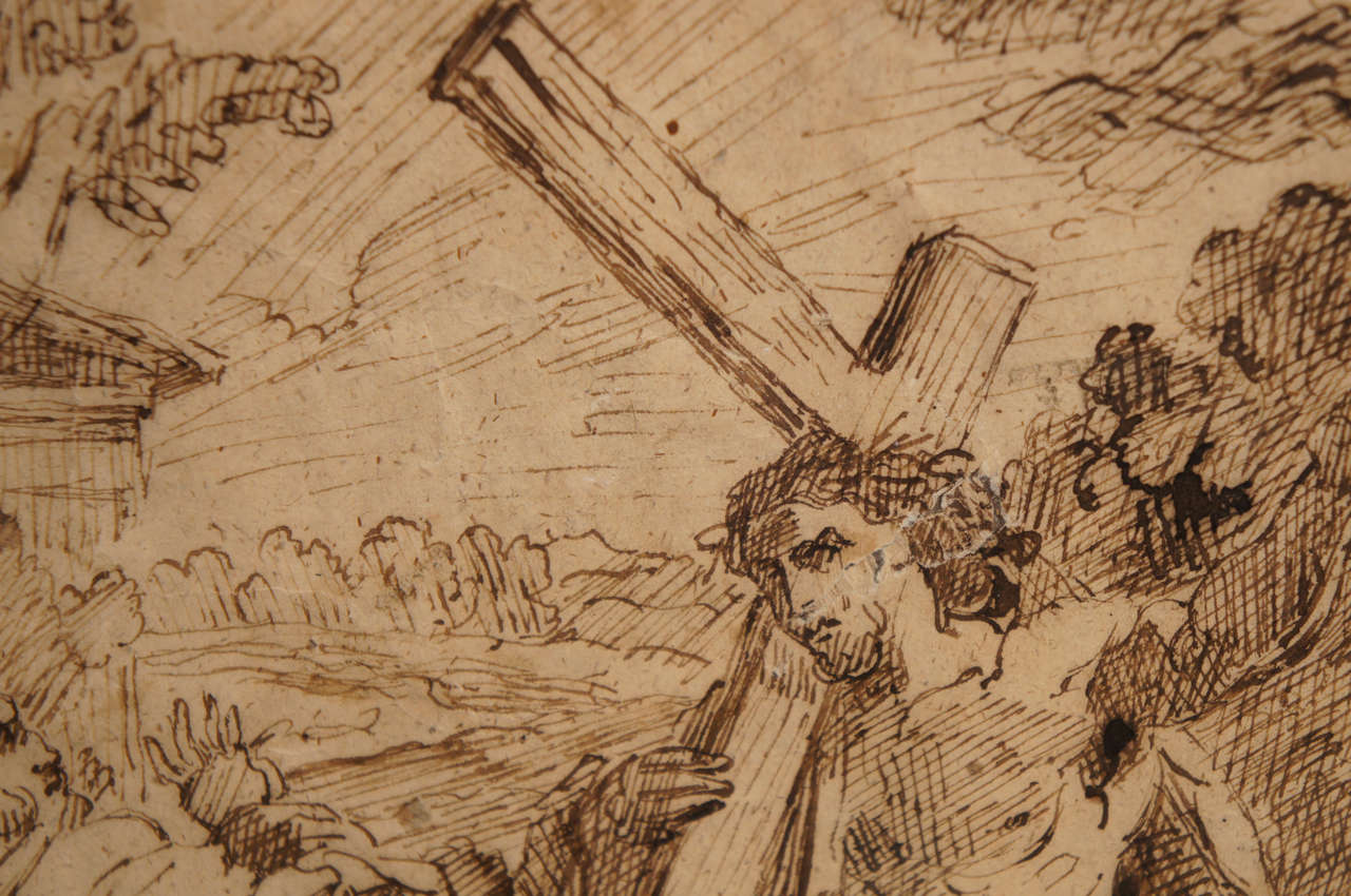 17th Century Spanish Ink Drawing of Christ Carrying The Cross 1