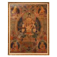 South east Asian Tangka painted on cloth with gilt wood faux bamboo frame