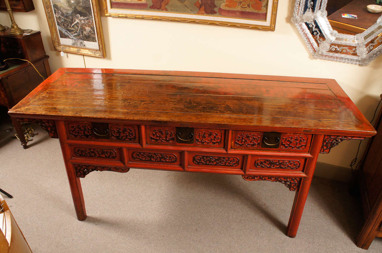 Chinese Red Lacquer Elmwood Console