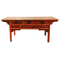 Chinese Red Lacquer Elmwood Console
