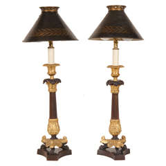 Pair Of Bronze Doree Candlestick Lamps With Claw Feet And Painted Tole Shades