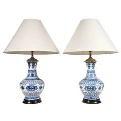 Pair Of Chinese Blue And White Lamps With Stained Wood Bases