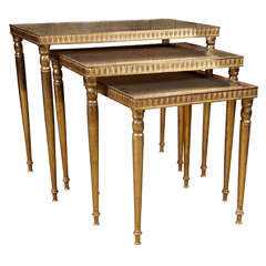 Set Of Three Brass And Antique Glass Nesting Tables