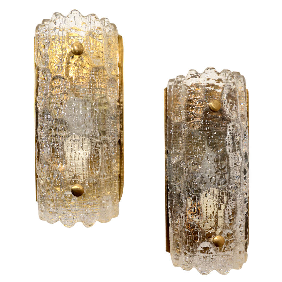 Pair of Carl Fagerlund Wall Sconces, Orrefors Glass and Brass, 1950s - 1960s