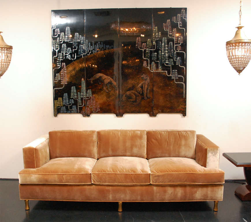 Classic custom sofa in a modern architectural style. Bamboo style legs in gold leaf. Sofa upholstered in golden silk velvet. 

Sofa available in custom options for feet and customer's choice in fabric/leather. 
Sofa also available off the floor.