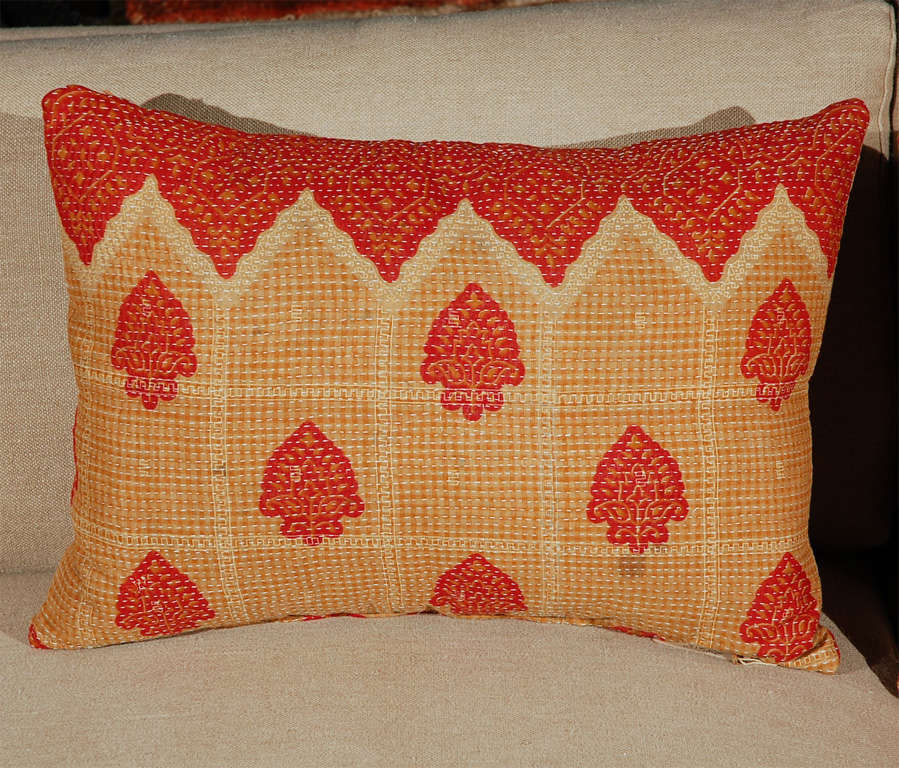 Vintage hand stitched Kantha cloth fabric pillow.