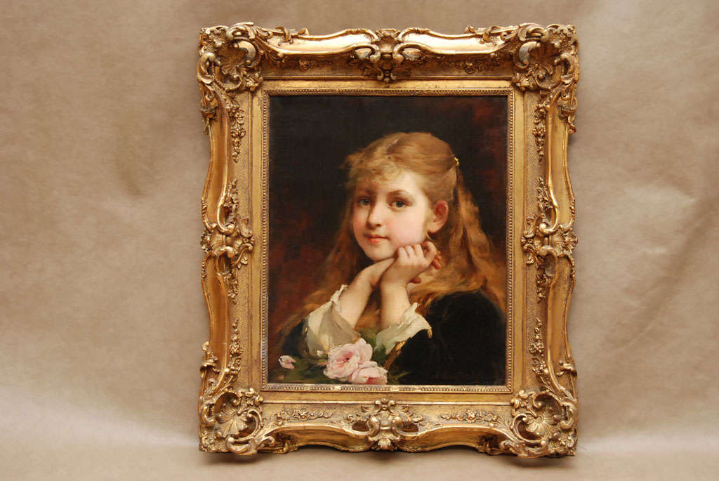 An angelic portrait of a sweet child sensitively rendered   by Adelaide Salles-Wagner (1825-1890). Wagner spent much of her time in Lyon and Paris. Her work is exhibited in French museums. She is listed in Benizit.