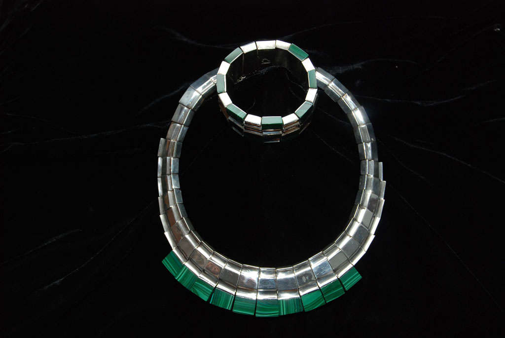 Aztec Design Mexican Silver Necklace and Bracelet With Malachite