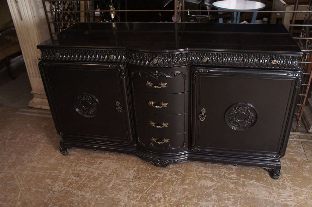 Black lacquered 3 section Chinese Chippendale style dresser.  Please see other listings for matching mirror, bed and vanity.<br />
<br />
Keywords:  sideboard, buffet, server, commode, COD