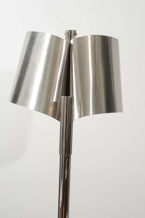 Late 20th Century Pair of Maison Charles Floor Lamp with Curved Stainless Shade For Sale