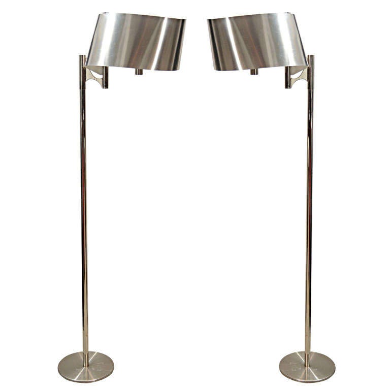 Pair of Maison Charles Floor Lamp with Curved Stainless Shade For Sale