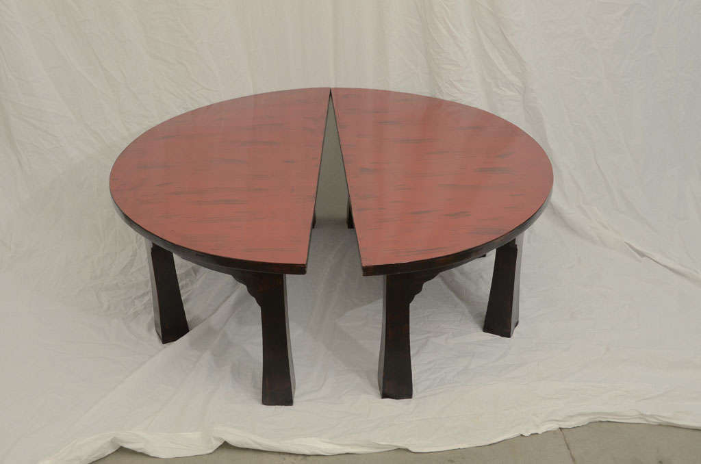 Hardwood Mid Century, Red and Black Lacquered Demilune Tea Tables  For Sale